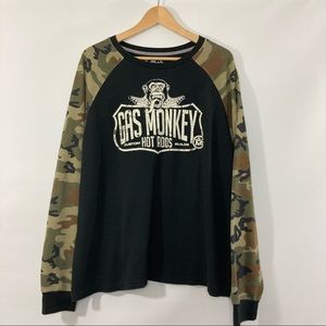 Gas Monkey Long Sleeve Henley Shirt, Black with Camo Sleeves, Size XL